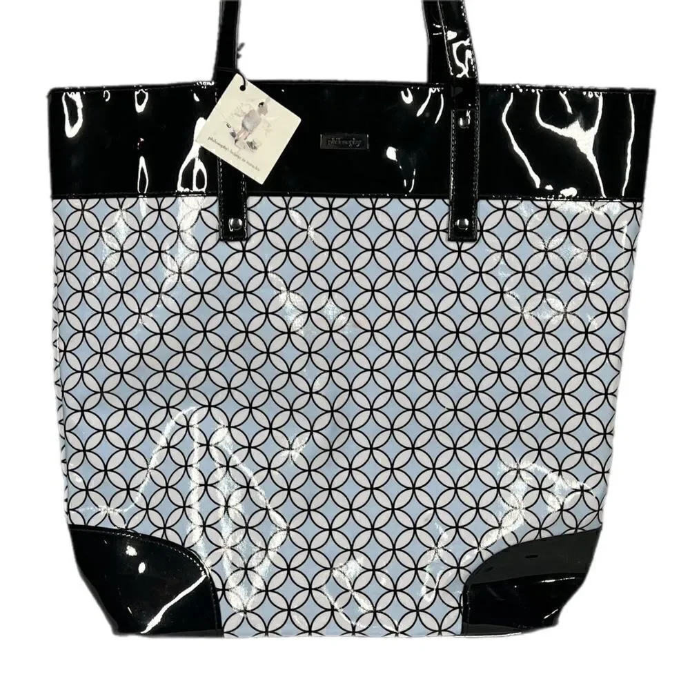 Philosophy Light Blue, White & Black Patent Leather Tote Bag New
